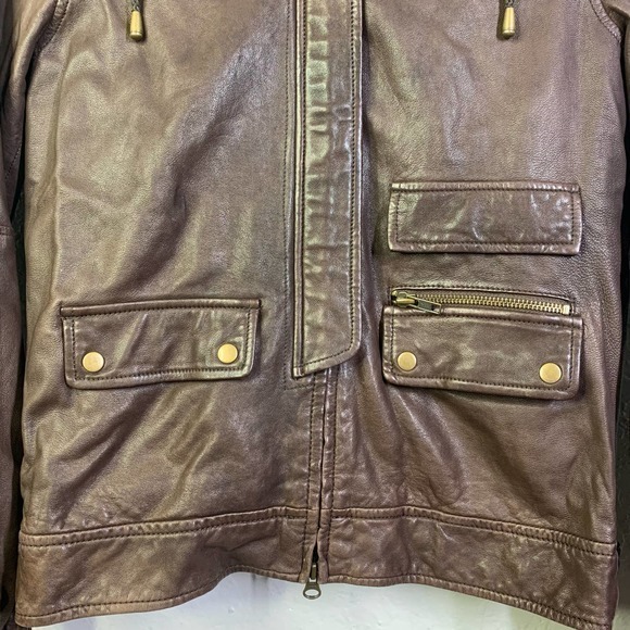 JOIE Brown Genuine Leather Hooded Bomber Jacket - Picture 3 of 11
